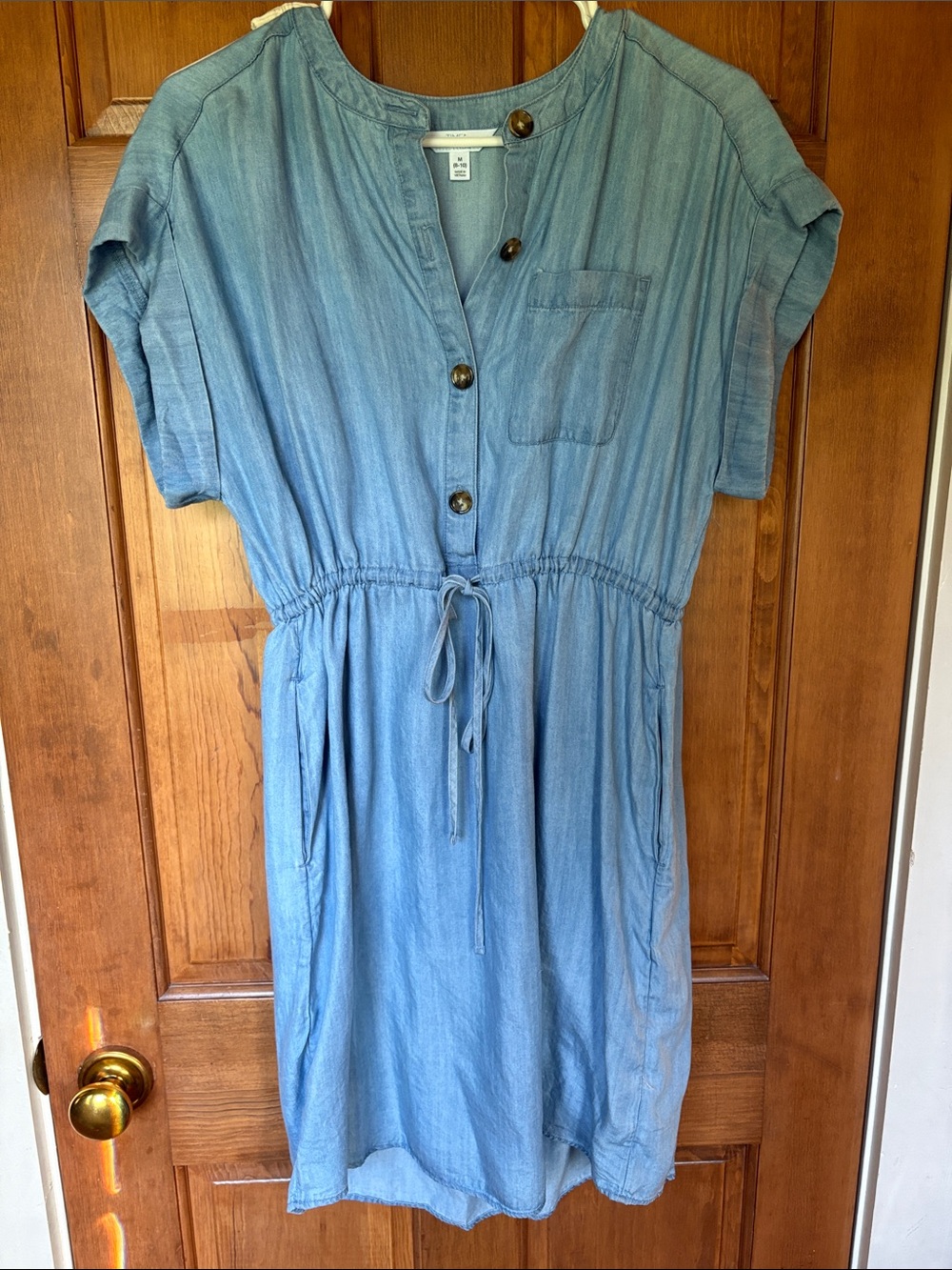Time and Tru Light Blue Button-Front Midi Dress with Drawstring Waist